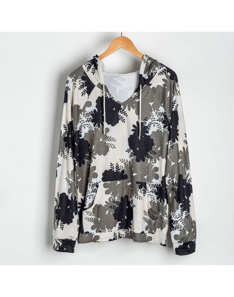 Howard's floral hooded lounge top, front view, on a hanger