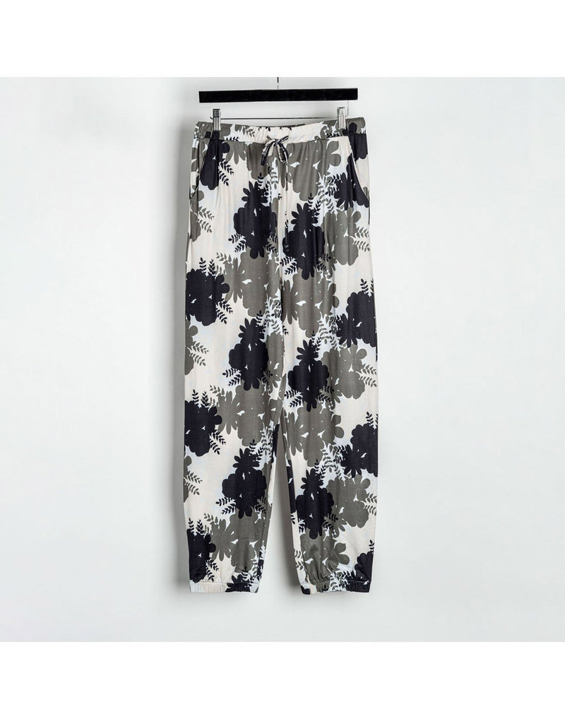 Howard's floral lounge pants in olive, clipped to a hanger