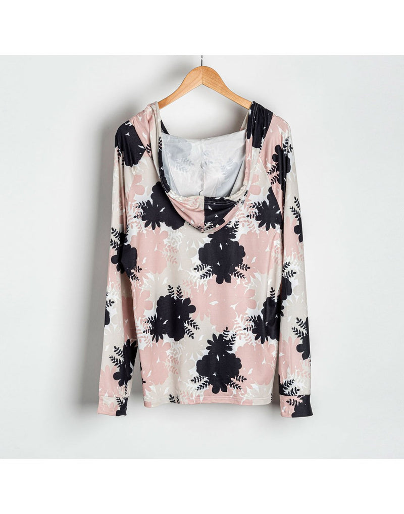 Howard's floral lounge top with hood, back view, on a hanger