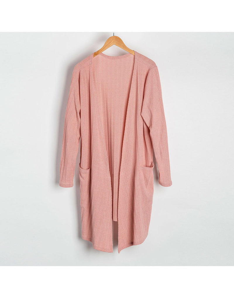 Howard's ribbed cardigan in blush pink on a hanger