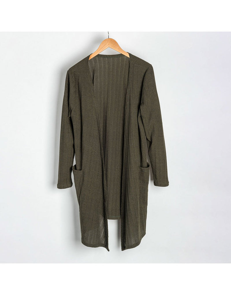 Howard's ribbed cardigan in olive green on a hanger