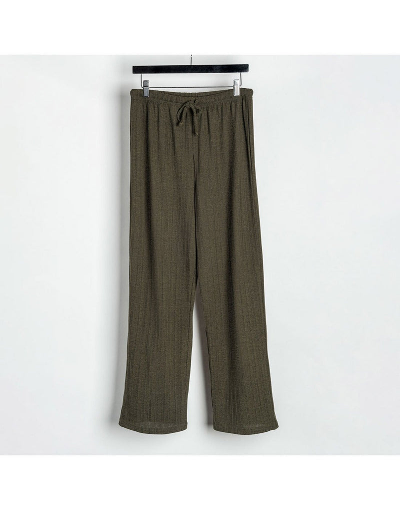 Howard's ribbed pants in olive green clipped on a hanger