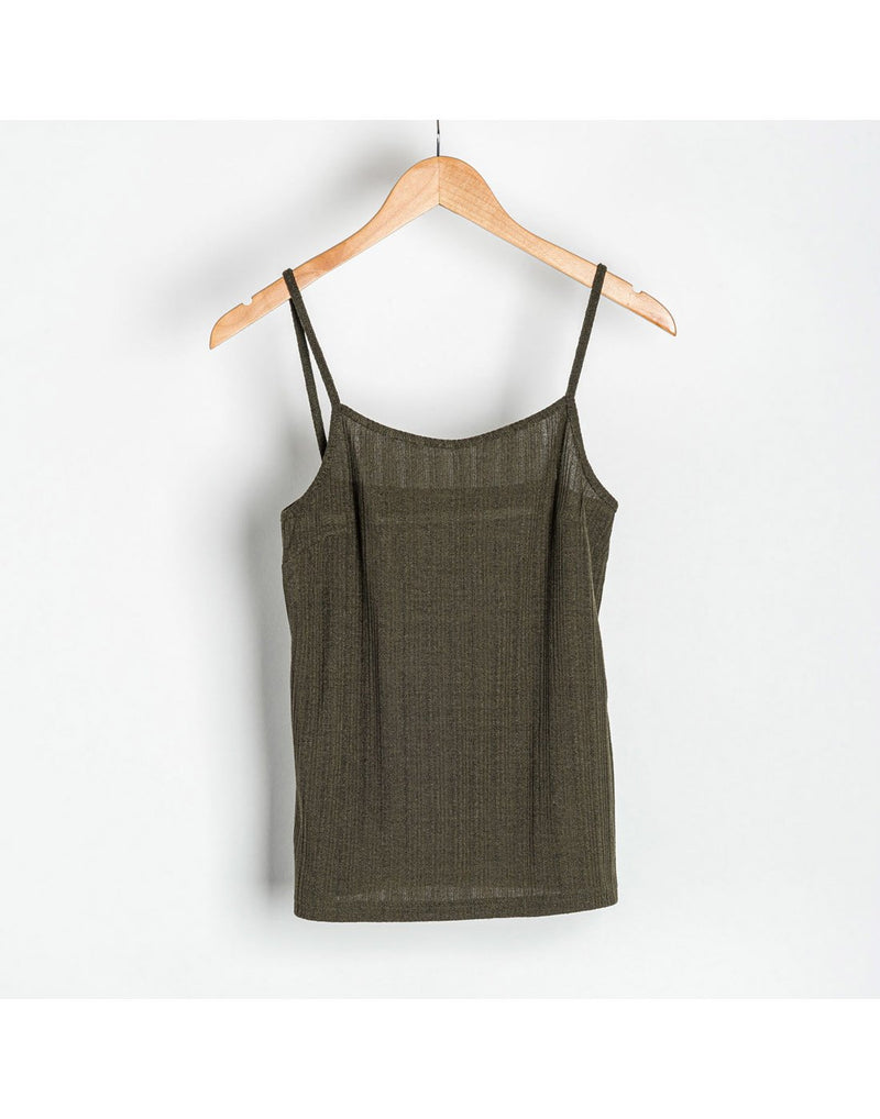Howard's ribbed tank top in olive green on a hanger