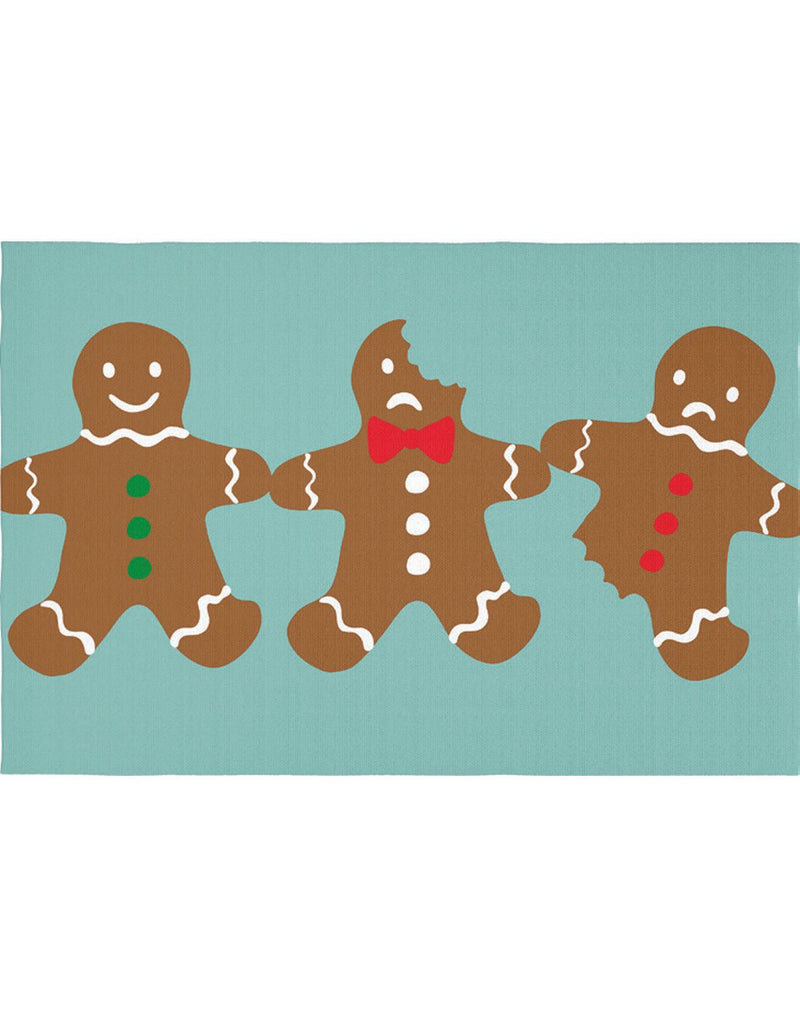 Turquoise background rug with three brown gingerbread people - left gingerbread has three green buttons and is smiling, middle gingerbread has three white buttons and a red bowtie and is frowning with a bite taken out of its head, far right gingerbread has three red buttons and is frowning with a bite taken out of its left leg