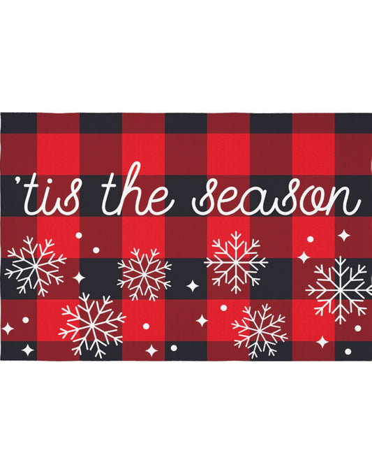 Product Image – Black and red check rug with white snowflakes on bottom half and above white script that reads 'tis the season