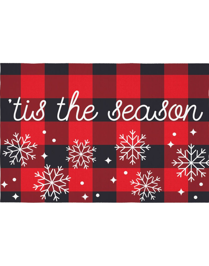 Black and red check rug with white snowflakes on bottom half and above white script that reads 'tis the season