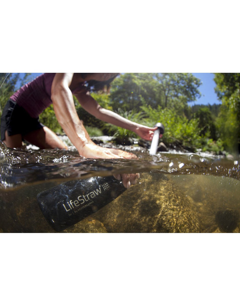 Woman crouched near rocks and trees scooping water into the LifeStraw Go Stainless Steel Water Filter Bottle directly from the water source
