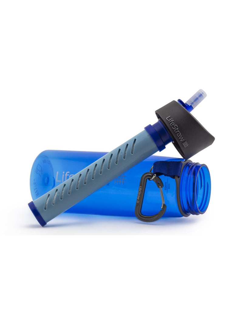 Blue LifeStraw Go Water Filter Bottle on its side with cap off showing filter straw attached to lid