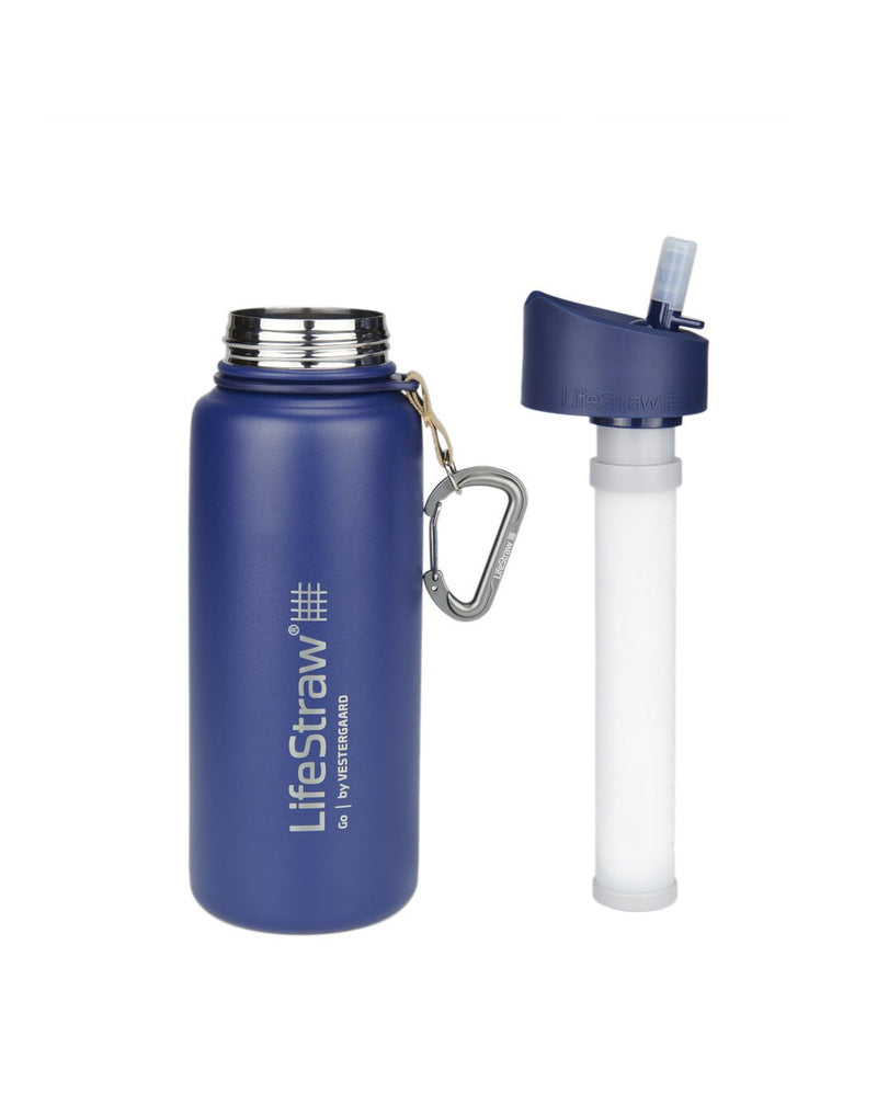 LifeStraw Go Stainless Steel Water Filter Bottle, blue, lid off with the filter attached to lid standing beside open bottle