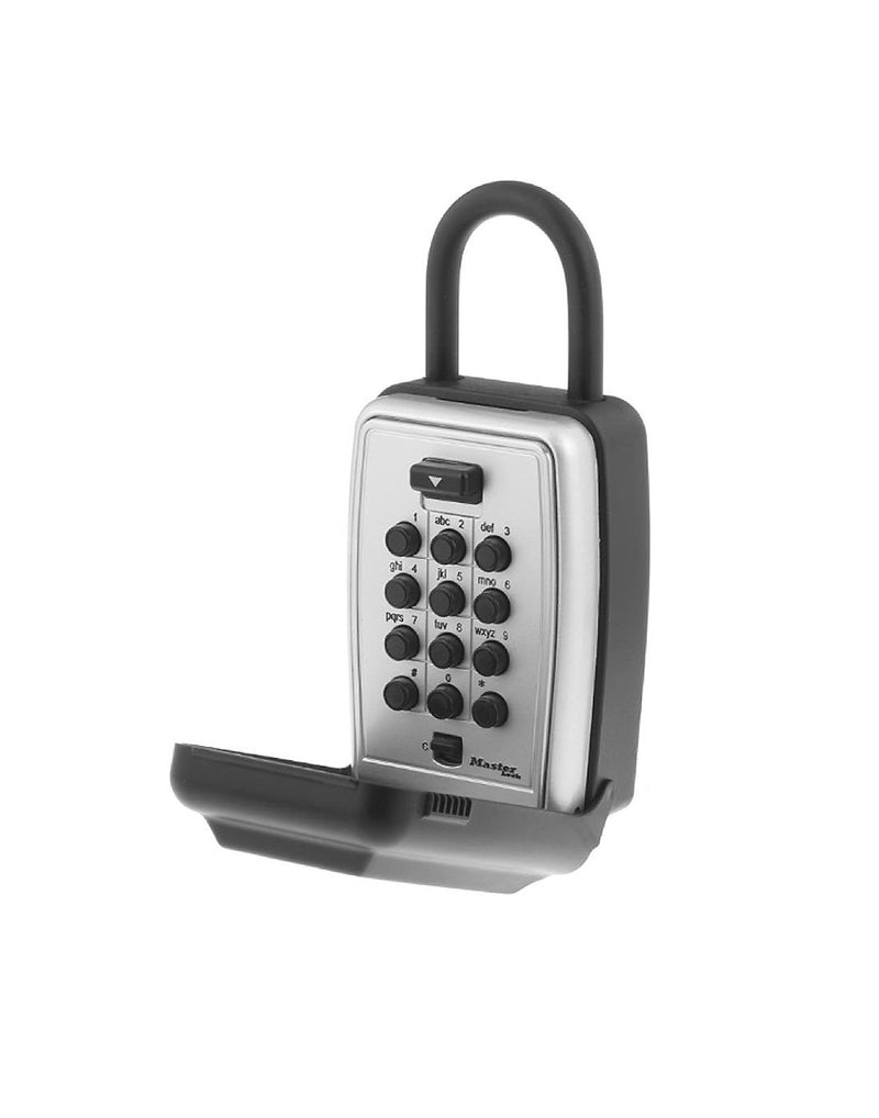 Master Lock® Portable Push Button Lock Box angled view with weather cover open