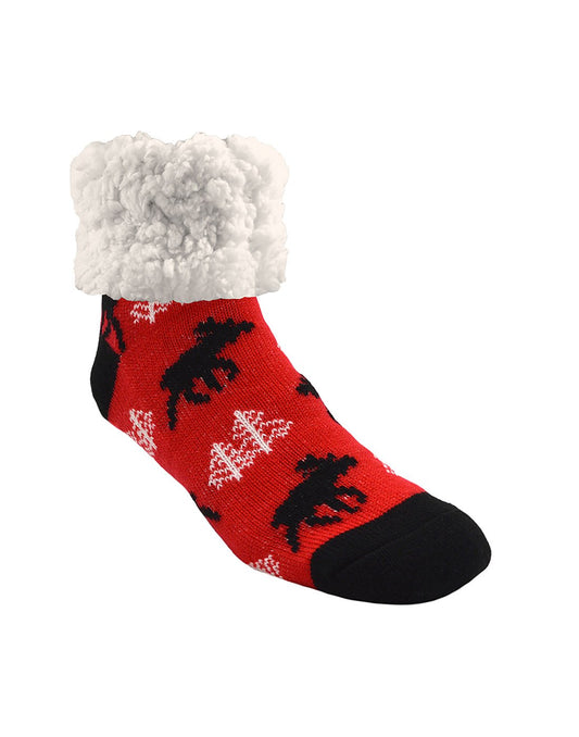 Product Image – Pudus Classic Slipper Socks in Moose Red - red sock with black toe and heel with black moose and white trees