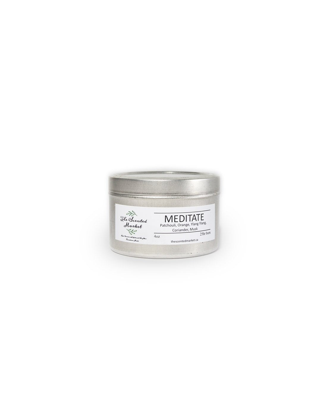 The Scented Market Meditate 4oz Essential Oil Candle in a silver tin with lid on, front view