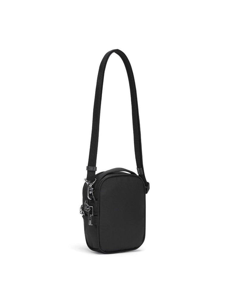 Pacsafe metrosafe ls100 econyl black colour recycled crossbody bag sideback view