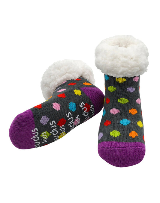 Product Image – Pudus Kids Classic Slipper Socks - Polka Dot Multi, grey sock with purple toe and heel and multi-coloured dots and white fuzzy Sherpa lining