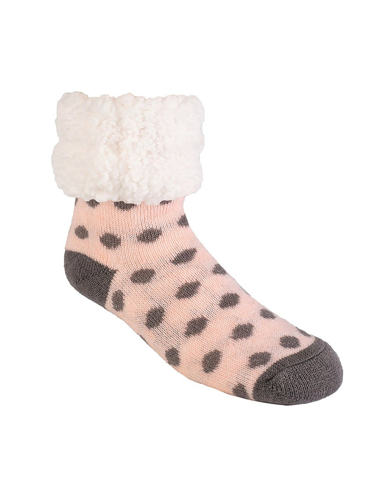 Pudus Classic Slipper Socks in Polka Dot Pink, light pink sock with grey toe and heal with grey polka dots