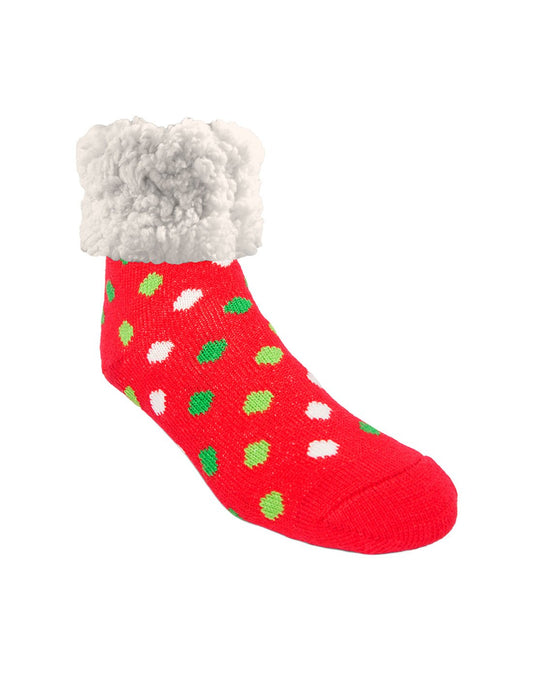 Product Image – Pudus Classic Slipper Socks in Polka Dot Red, red sock with green and white polka dots