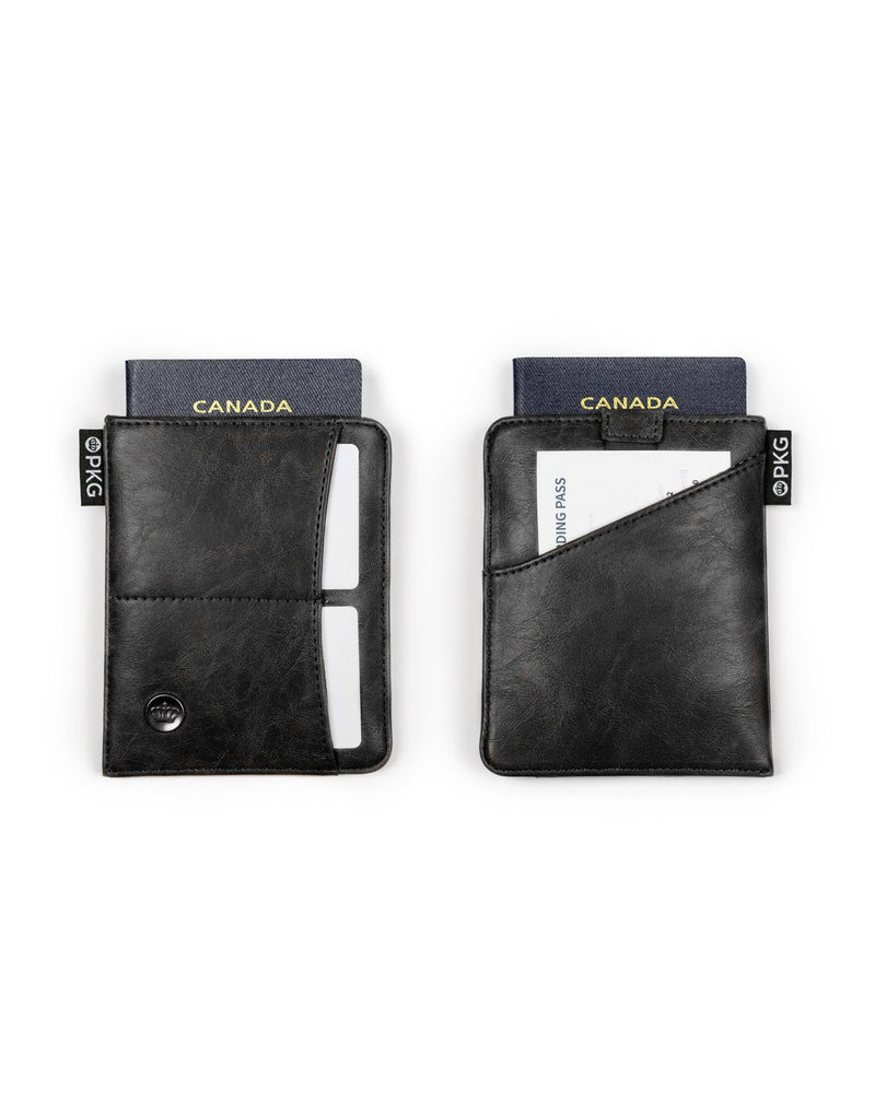 PKG Perry Passport Wallet - black, front and back views side by side with passport showing sticking out of top