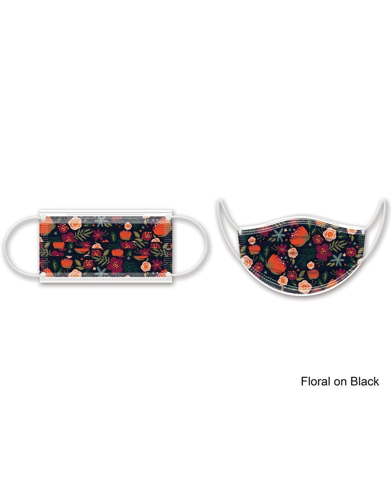 Punch studio floral on black design disposable face masks 10pk