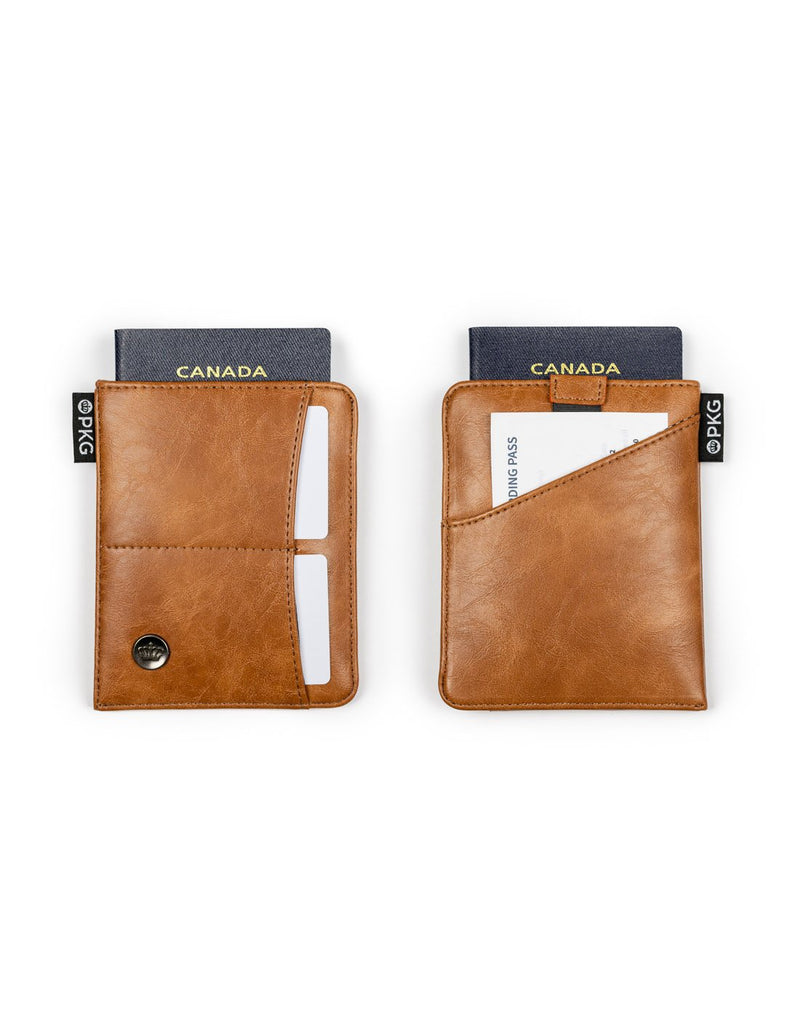 PKG Perry Passport Wallet - tan, front and back views side by side with passport showing sticking out of top
