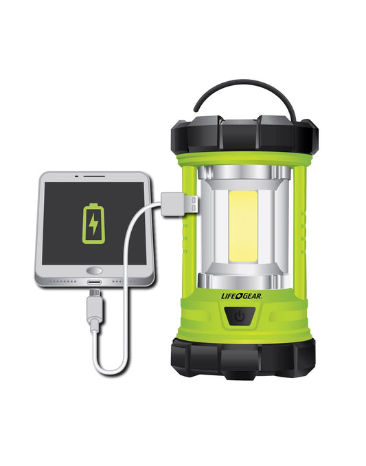 Product Image – Life Gear USB Rechargeable Lantern and Power Bank front view showing phone plugging into USB port