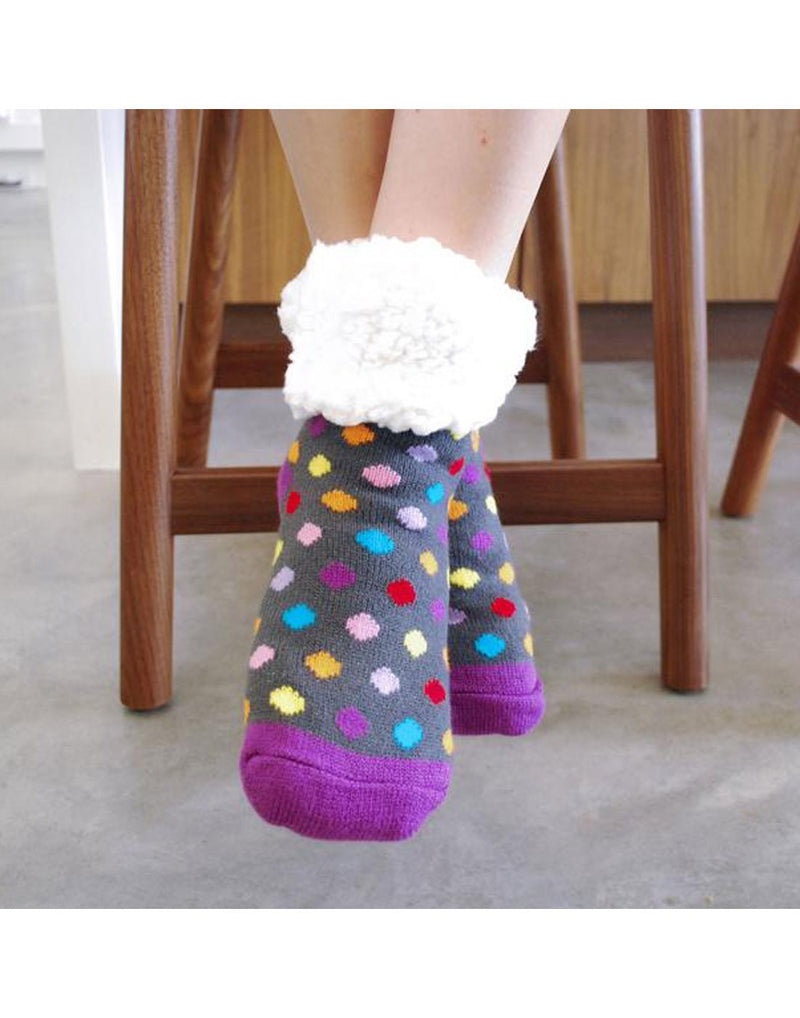 Wearing pudus classic polka dot multi colour slipper socks front view