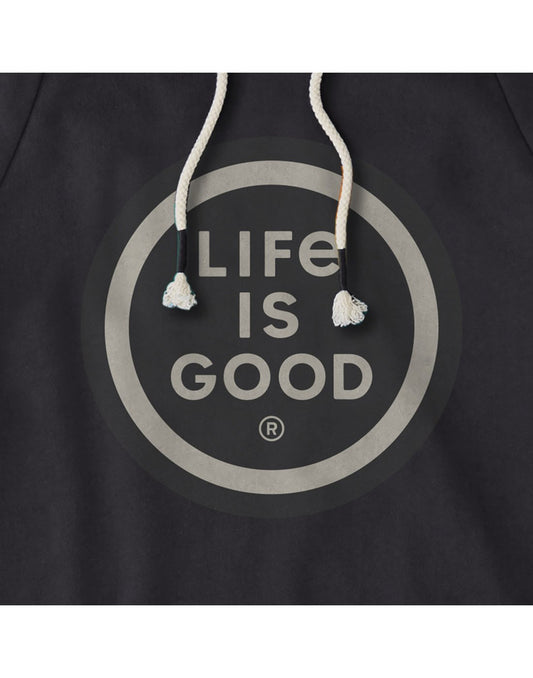 Product Image – Life is good men's simply true grey colour hoodie brand close-up view