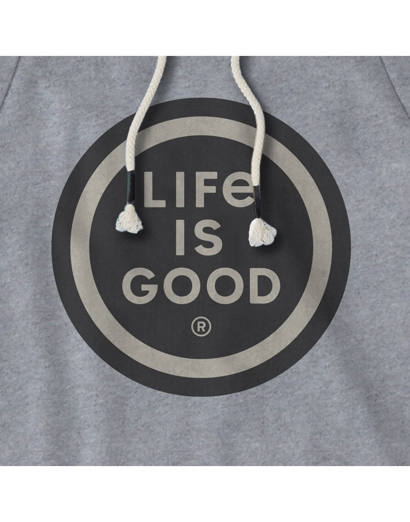 Life is good men's simply true hoodie brand close-up view