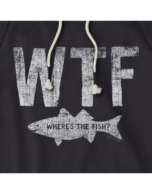 Product Image – Life is Good Men's Simply True WTF Hoodie - jet black, close up of graphic, faded WTF in white with a fish below with words on it "Where's the Fish?"