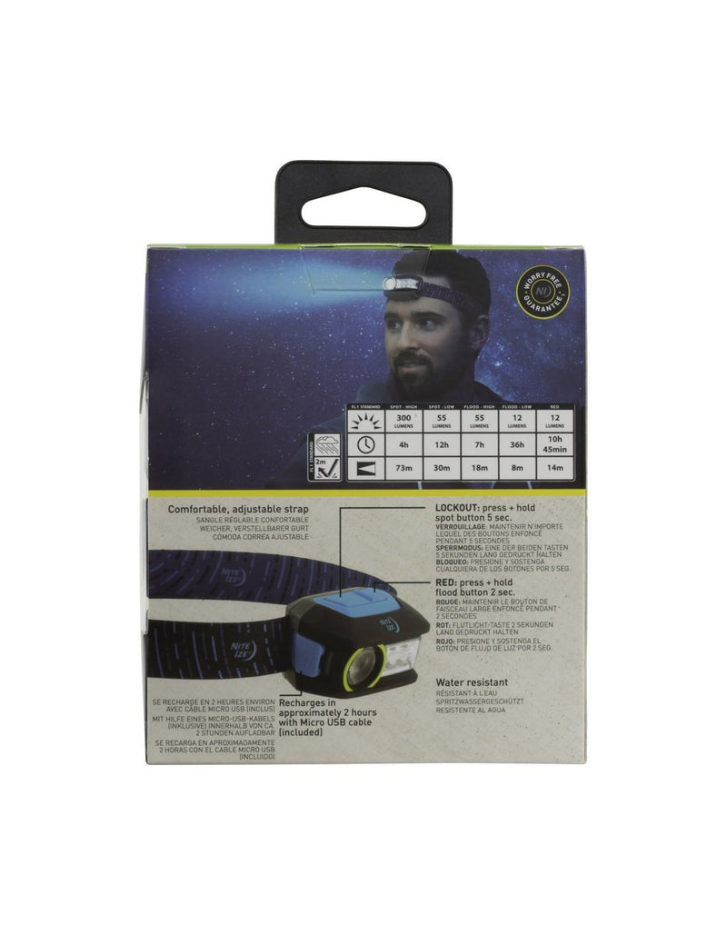 Radiant® 300 rechargeable headlamp packaged back view