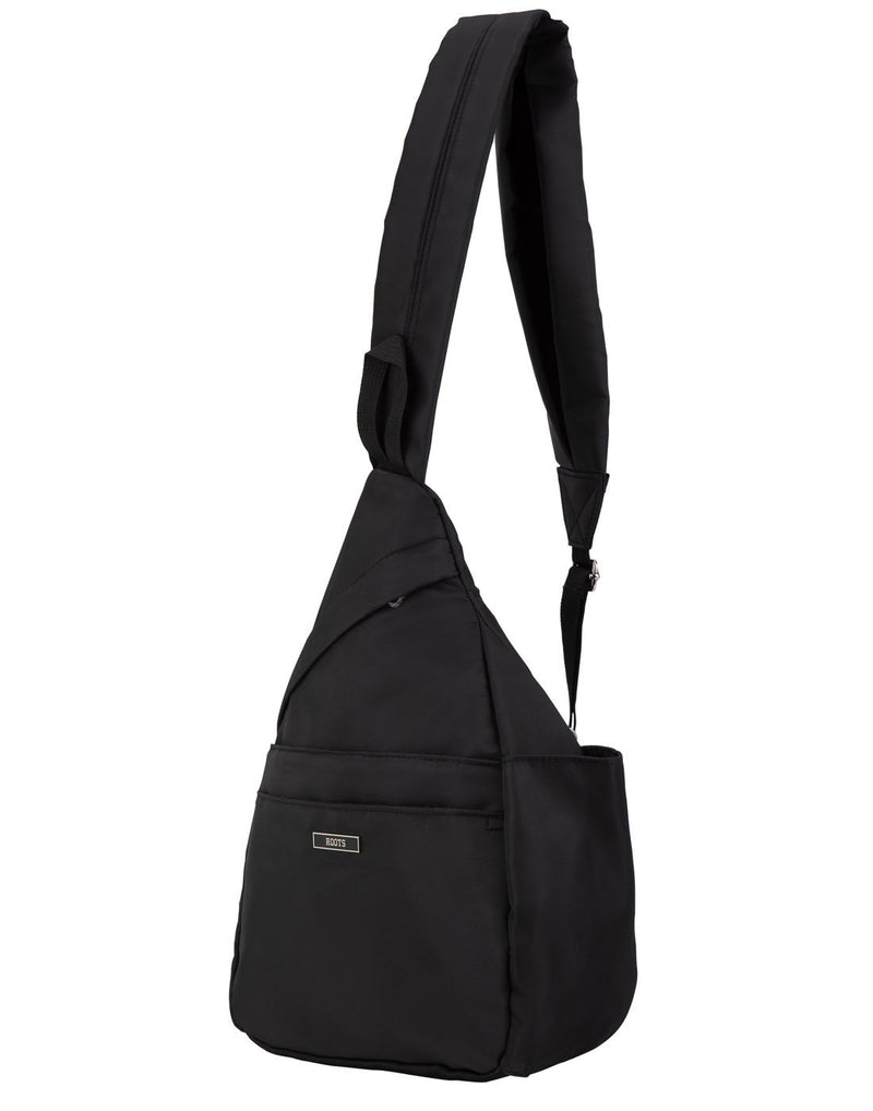 Roots Antibacterial Sling Bag Organizer - black, front view with strap fully extended