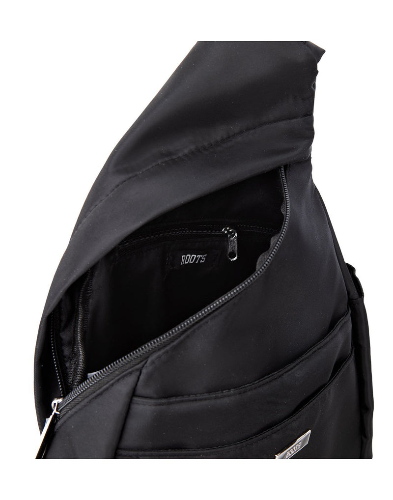 Close up of black Roots Antibacterial Sling Bag Organizer front top view unzipped showing interior of bag