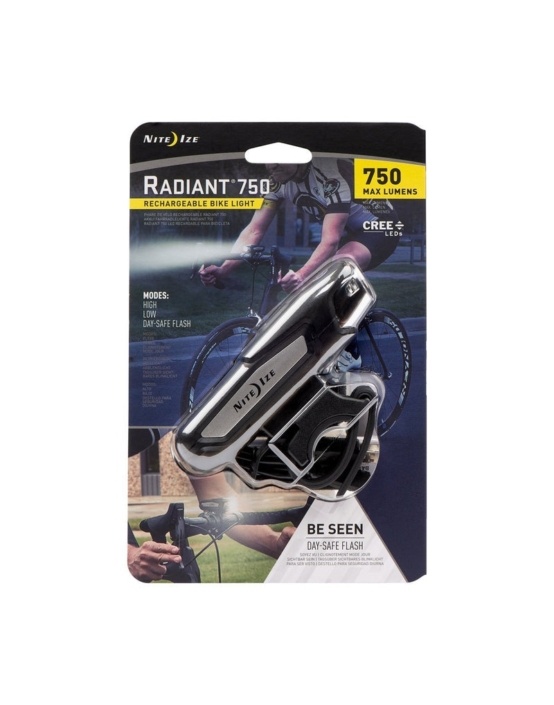 Radiant® 750 rechargeable bike light packaged front view