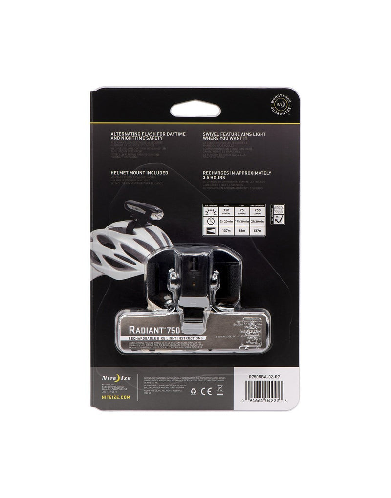 Radiant® 750 rechargeable bike light packaged back view