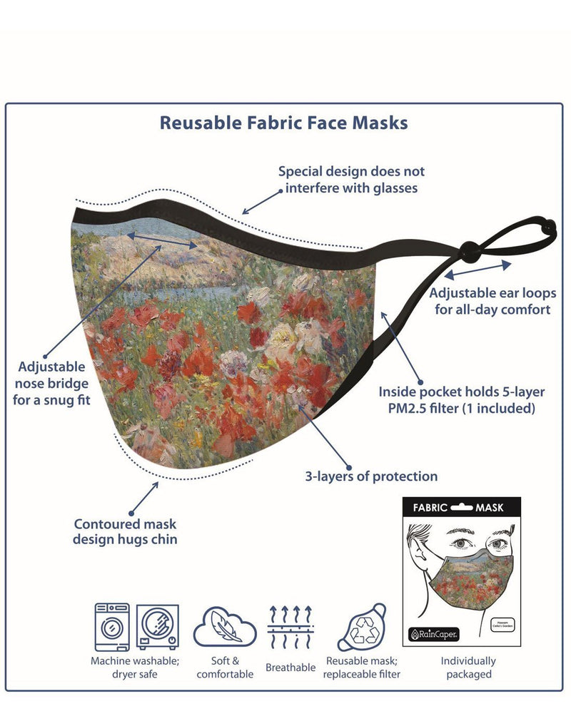RainCaper monet water lilies print reusable face mask information chart