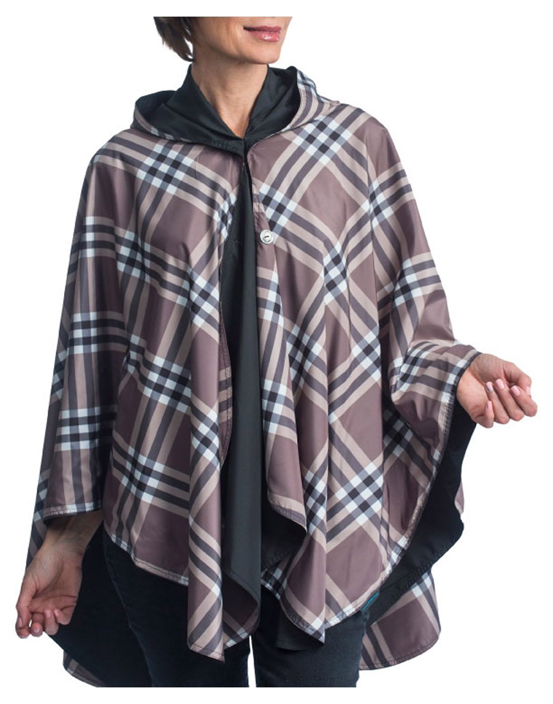 RainCaper hooded travel cape - coco plaid colour front view