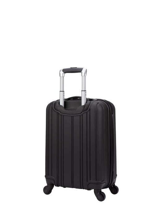 Product Image – Roots Identity 19" Hardside Spinner Carry-on in black, back view with verticle grooves