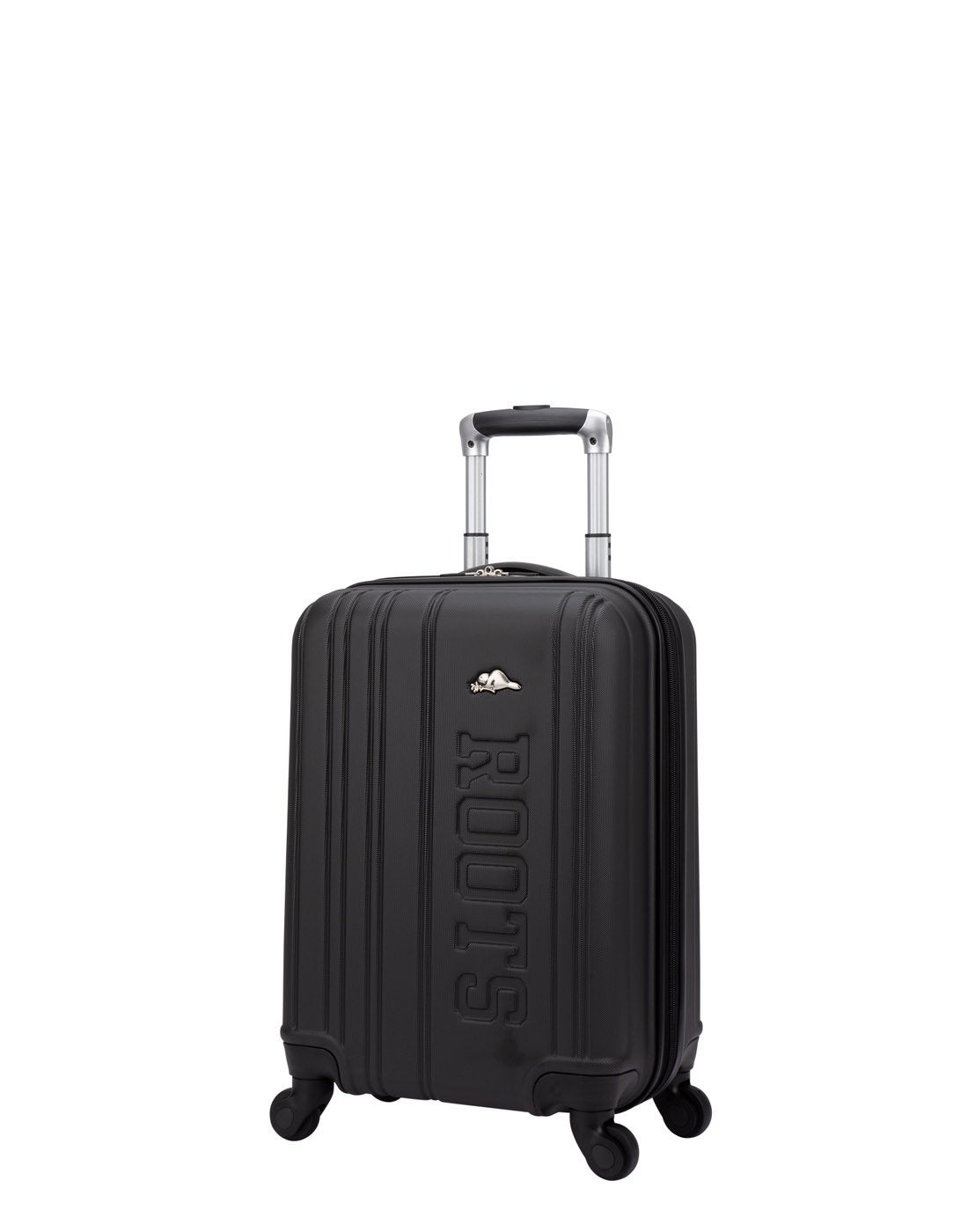 Roots Identity 19" Hardside Spinner Carry-on in black with verticle grooves and embossed word Roots on front