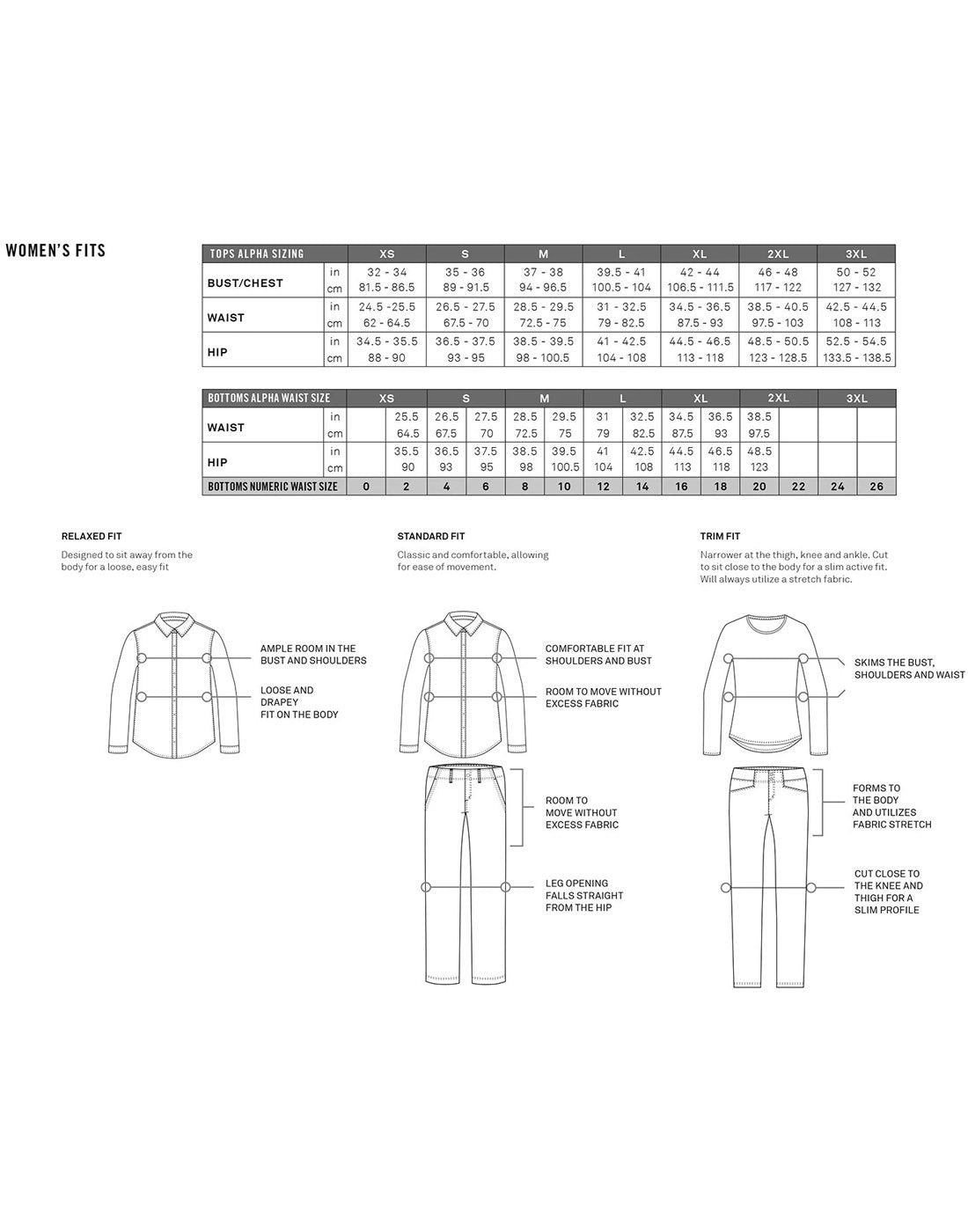 Royal Robbins women's sizing chart