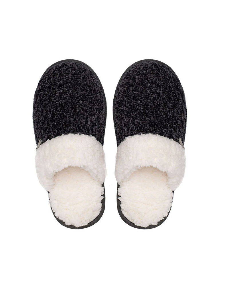 Pudus Creekside Cable Knit Slide Slippers grey, top view with fuzzy white Sherpa lining