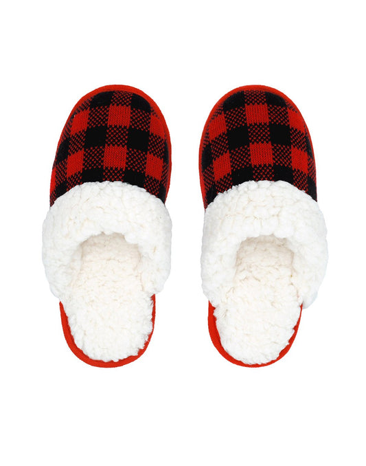 Product Image – Pudus Creekside Slide Slippers in Lumberjack Red, red and black plaid with white Sherpa lining, top view