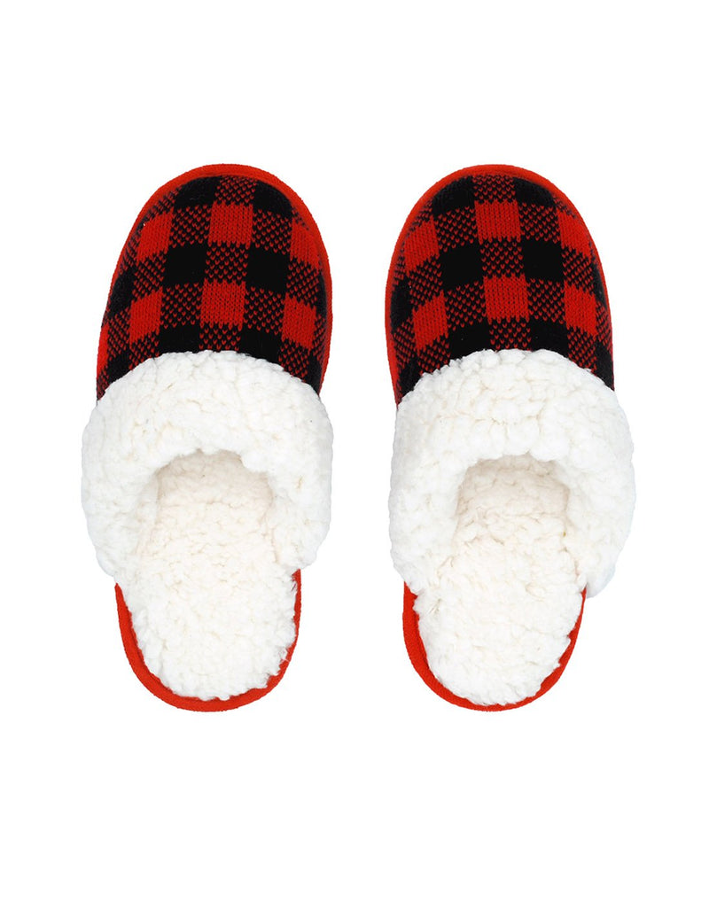 Pudus Creekside Slide Slippers in Lumberjack Red, red and black plaid with white Sherpa lining, top view