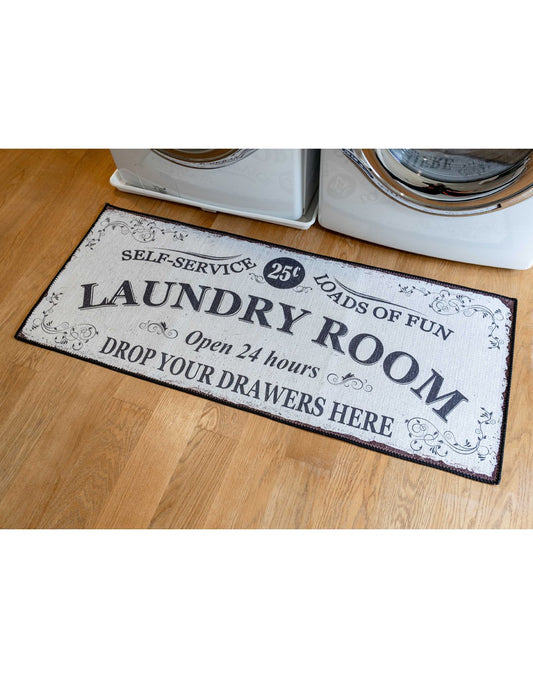 Product Image – Soft Woven Rugs - Laundry Room print, white with navy words "Self-service, 25 cents, Loads of fun, Laundry Room, Open 24 hours, Drop you drawers here"