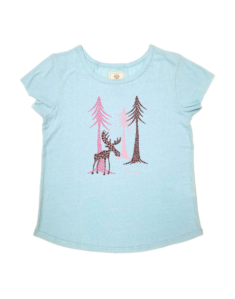 Ladies Vintage Scoop Neck T-Shirt in aqua with trees and moose on front and word Canada in pink