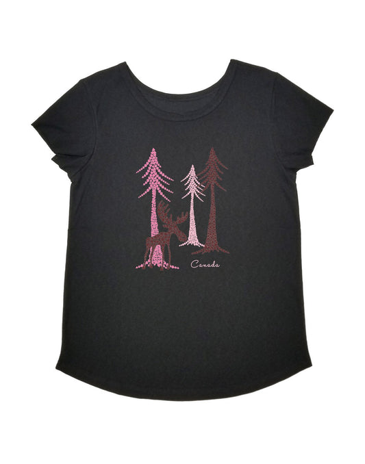 Product Image – Ladies Modern Scoop Neck T-Shirt in black with trees and moose on front and word Canada in pink