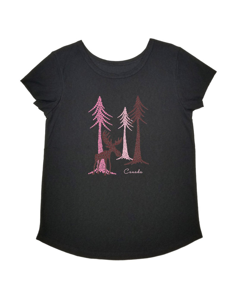 Ladies Modern Scoop Neck T-Shirt in black with trees and moose on front and word Canada in pink
