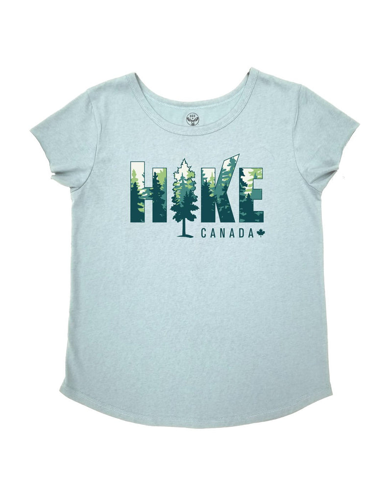 Ladies Modern Scoop Neck T-Shirt in light slate with words Hike Canda with trees on front