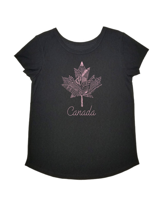 Product Image – Ladies Modern Scoop Neck T-Shirt in black with pink maple leaf design and cursive word Canada underneath on front