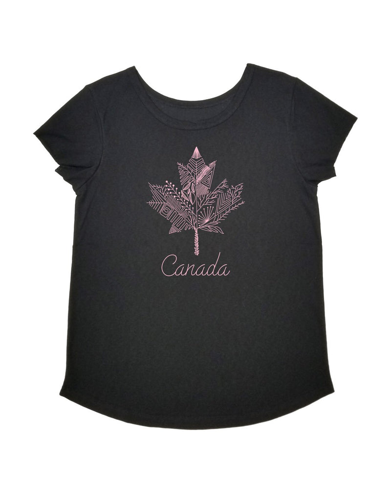 Ladies Modern Scoop Neck T-Shirt in black with pink maple leaf design and cursive word Canada underneath on front