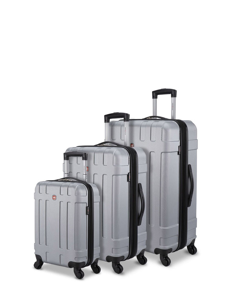 Swiss Gear Tyax 3-Piece Expandable Hardside Luggage Set, silver colour, all three sizes lined up back to front