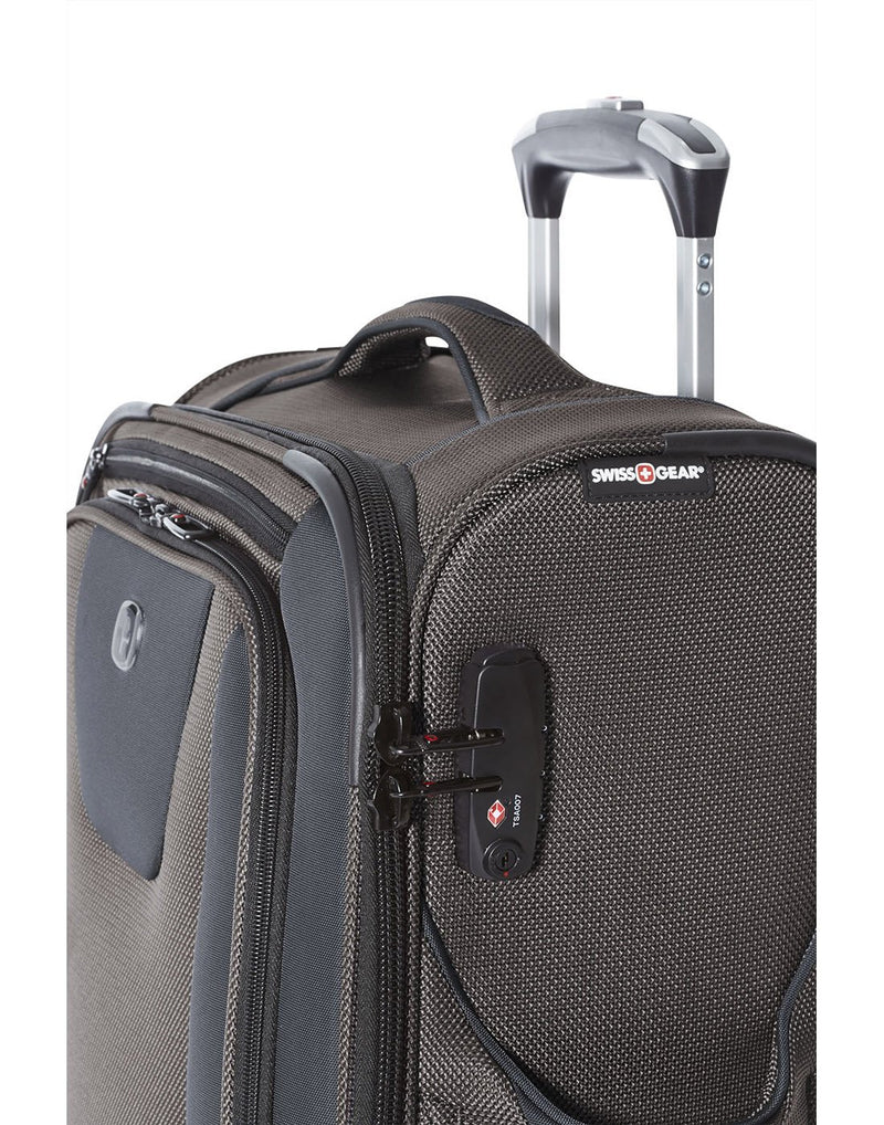 Close up of Swiss Gear Neolite 3 19" Carry-on Spinner side angled view showing zipper pulls locked into built-in tsa compliant lock